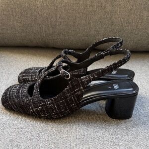 Zara Black and White Tweed Slingback Heels